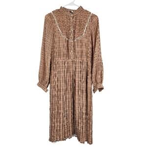 Vintage 70s Lucky Garments Secretary Dress Brown Plaid Button Pleated Midi Sz M